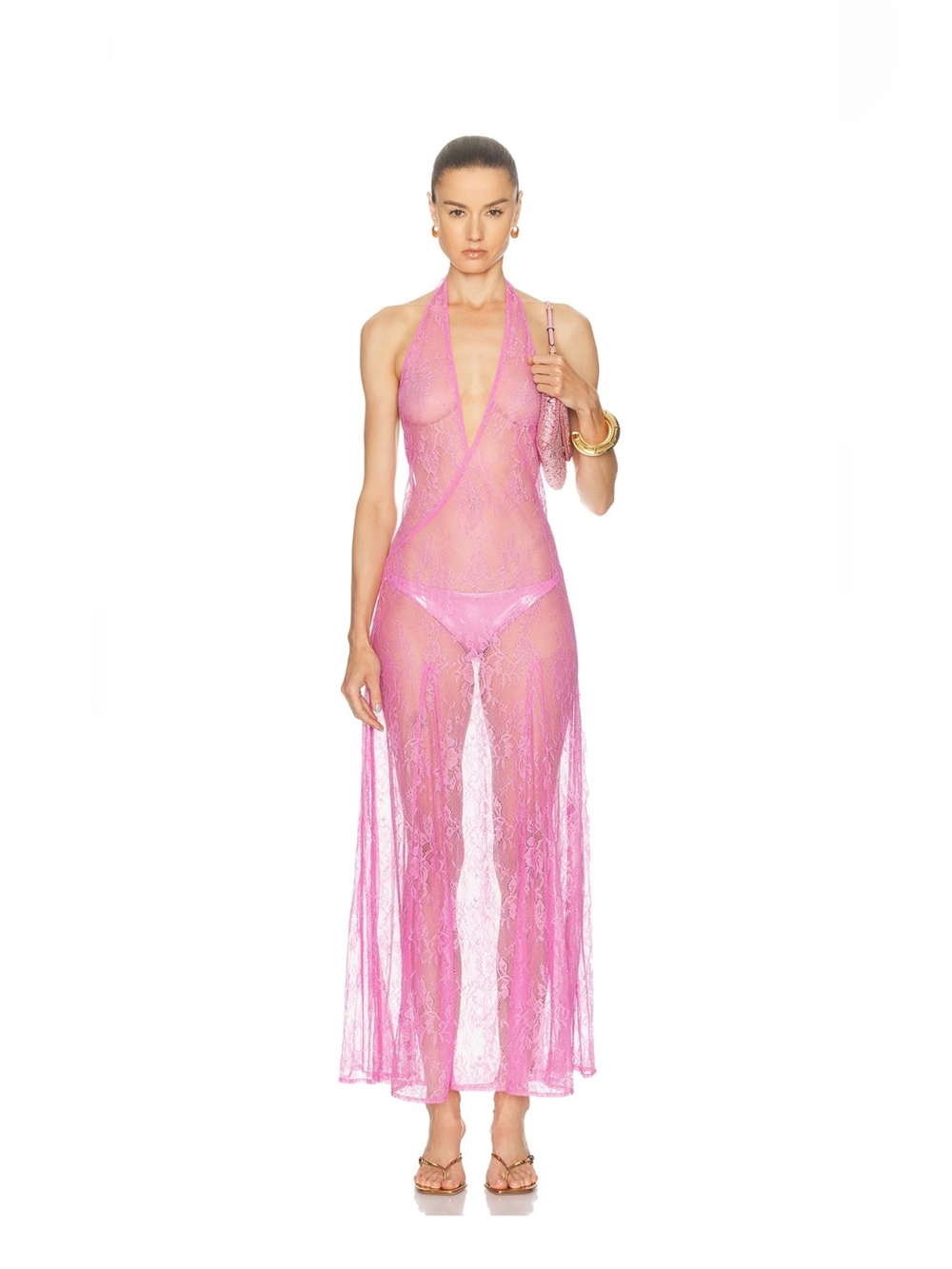 Sheer Lace Halter Maxi Chemise - Pink
